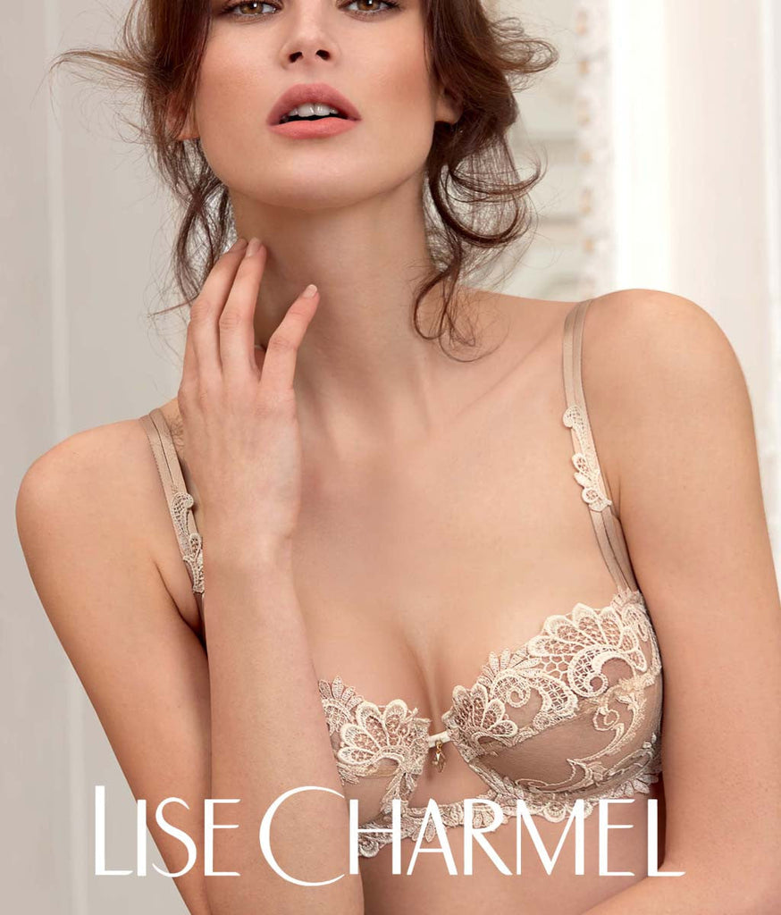 Model wearing 'Dressing Floral' lingerie in Ambre Nacre (Pearl), by Lise Charmel.