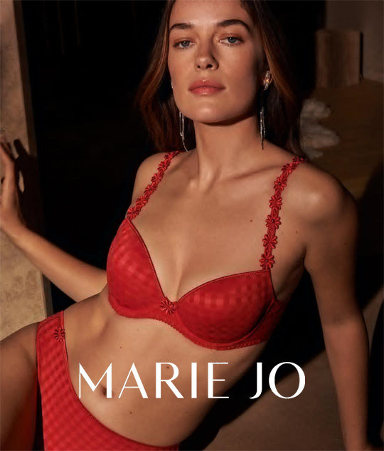 Model wearing Marie Jo 'Avero' lingerie in Scarlet.
