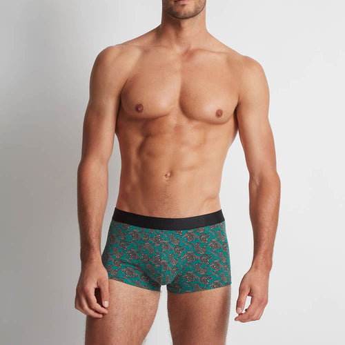 Model wearing 'Leopards' Boxer Short in Green, by Aubade (front view).