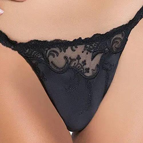 Model wearing 'Splendeur Soie' Black Sexy Thong, by Lise Charmel (detail) Exceptional Luxury Lingerie | Sandra Dee
