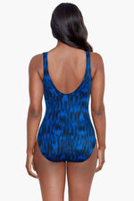 Model wearing 'It's A Wrap' Swimsuit in Blue Multi from Miraclesuit's Alhambra collection (back view).