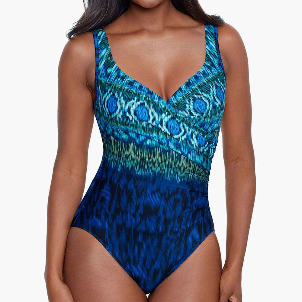 Model wearing 'It's A Wrap' Swimsuit in Blue Multi from Miraclesuit's Alhambra collection.