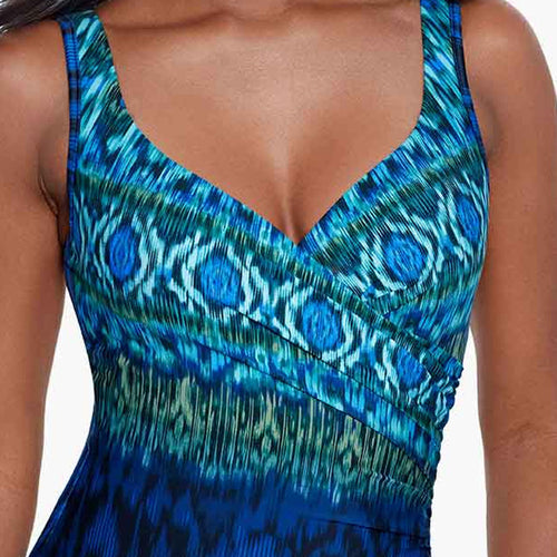 Model wearing 'It's A Wrap' Swimsuit in Blue Multi from Miraclesuit's Alhambra collection (detail).