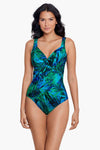 Model wearing Palm Reeder collection 'Revele' Swimsuit in Blue & Green, by Miraclesuit (front).