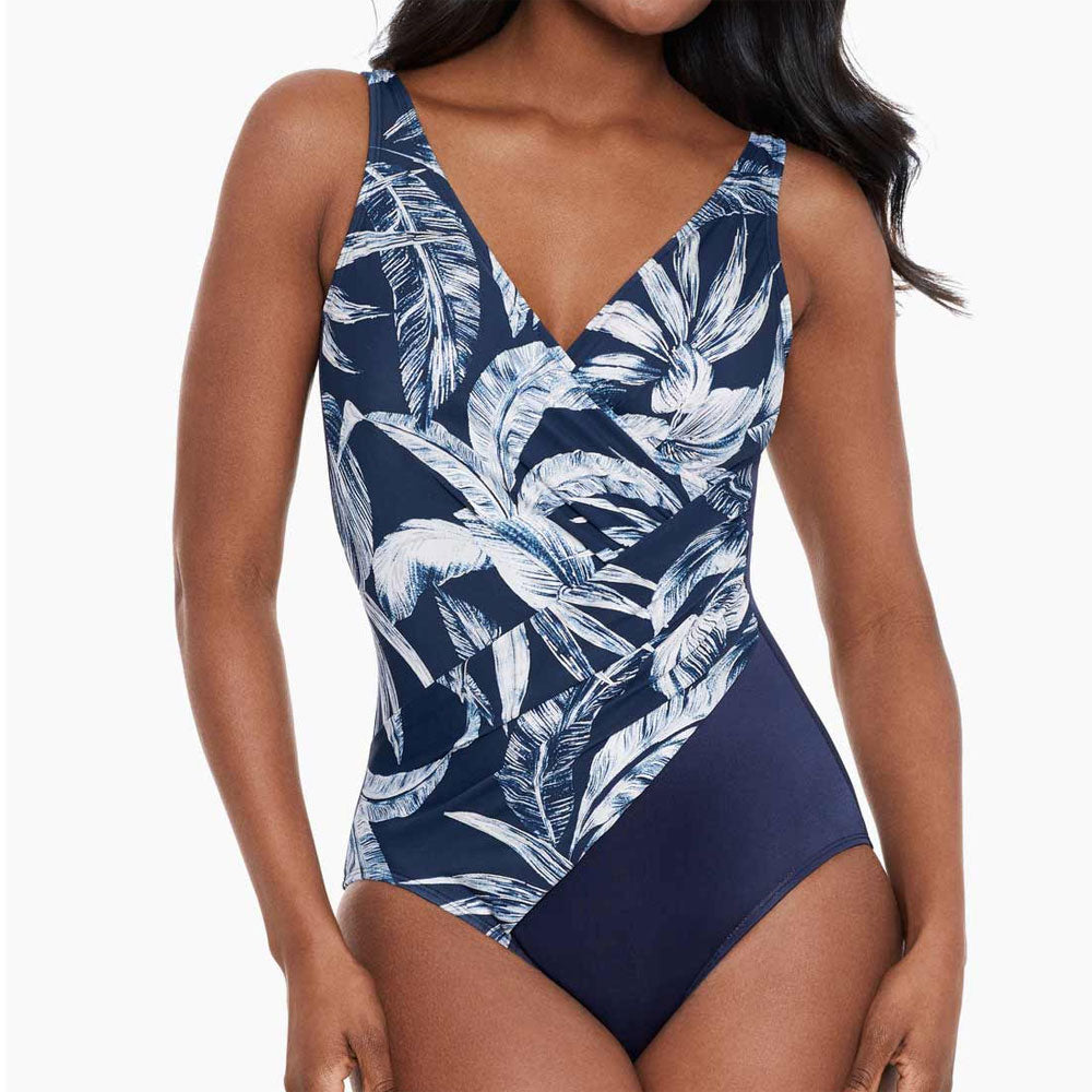 Model wearing 'Oceanus' Swimsuit in Midnight Blue & White, from the Tropica Toile collection by Miraclesuit.