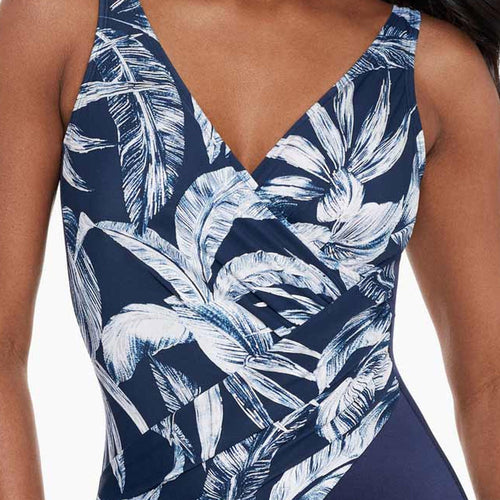 Model wearing 'Oceanus' Swimsuit in Midnight Blue & White, from the Tropica Toile collection by Miraclesuit (detail).
