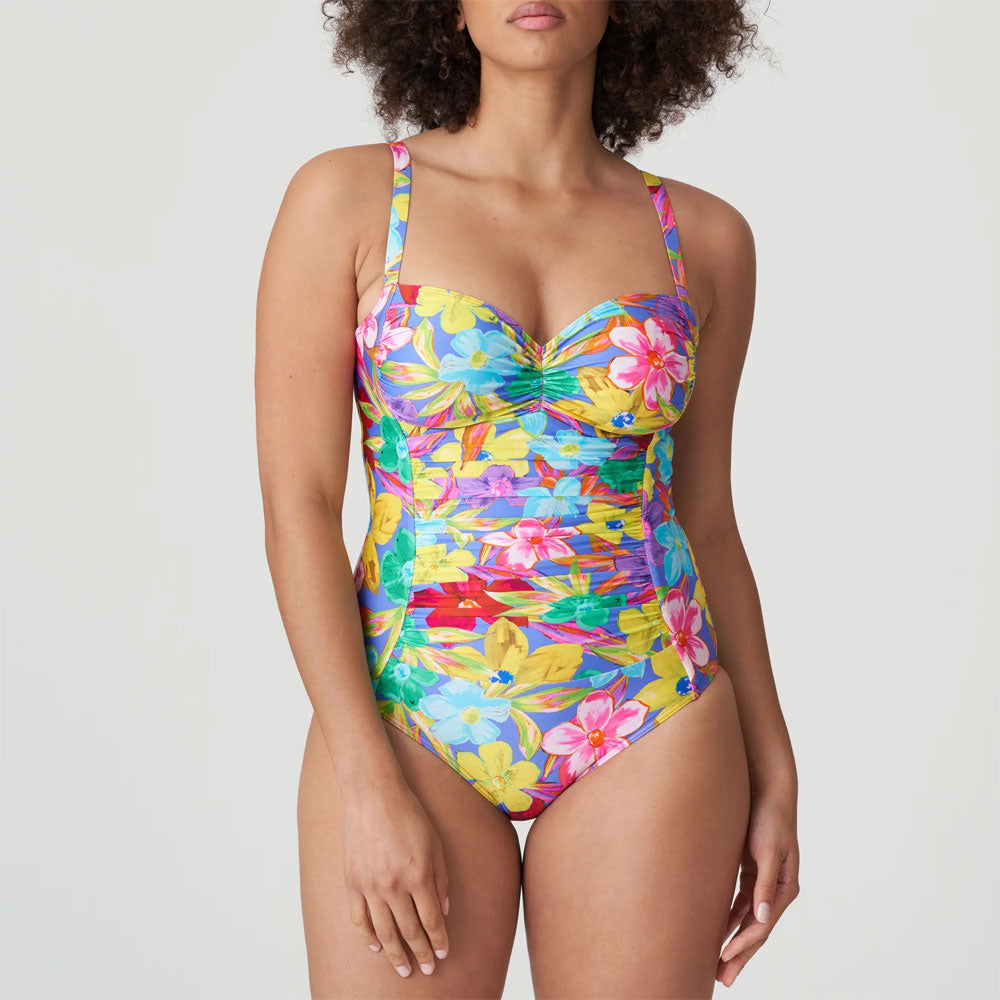 Model wearing 'Sazan' Full Cup Control Swimsuit in Blue Bloom (Multicolour), by PrimaDonna.