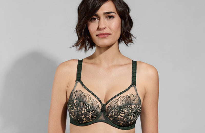 Model wearing 'Agathe' bra in Fougere (Forest Green), by Empreinte.