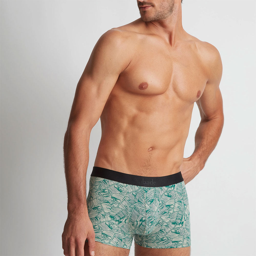 Model wearing 'Green Palm' Boxer by Aubade.