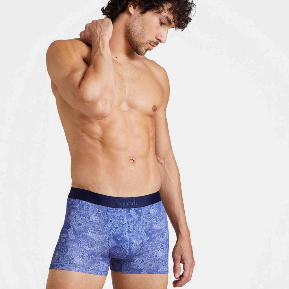 Model wearing 'Old Blue Tattoo' Boxer Short, by Aubade.