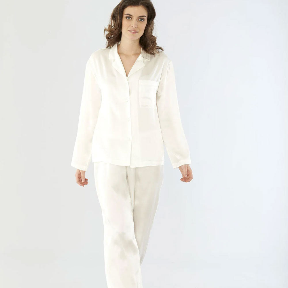 Model wearing Silk Pyjamas in Ivory by Damella of Sweden.