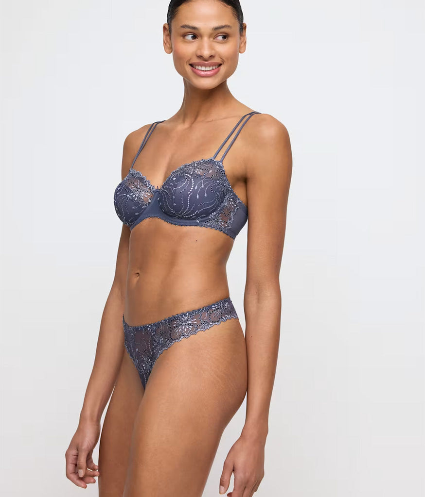 Model wearing 'Jane' lingerie in Blue Shadow, by Marie Jo.