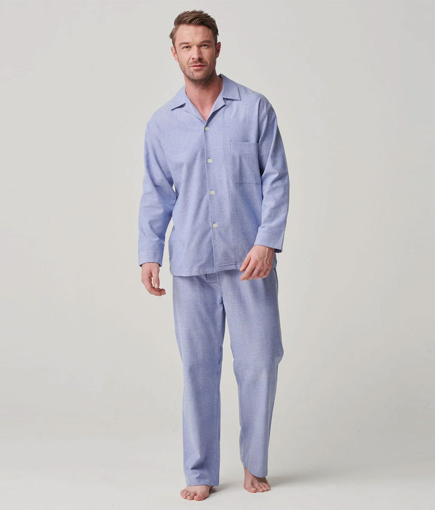 Model wearing high quality men's pyjamas.