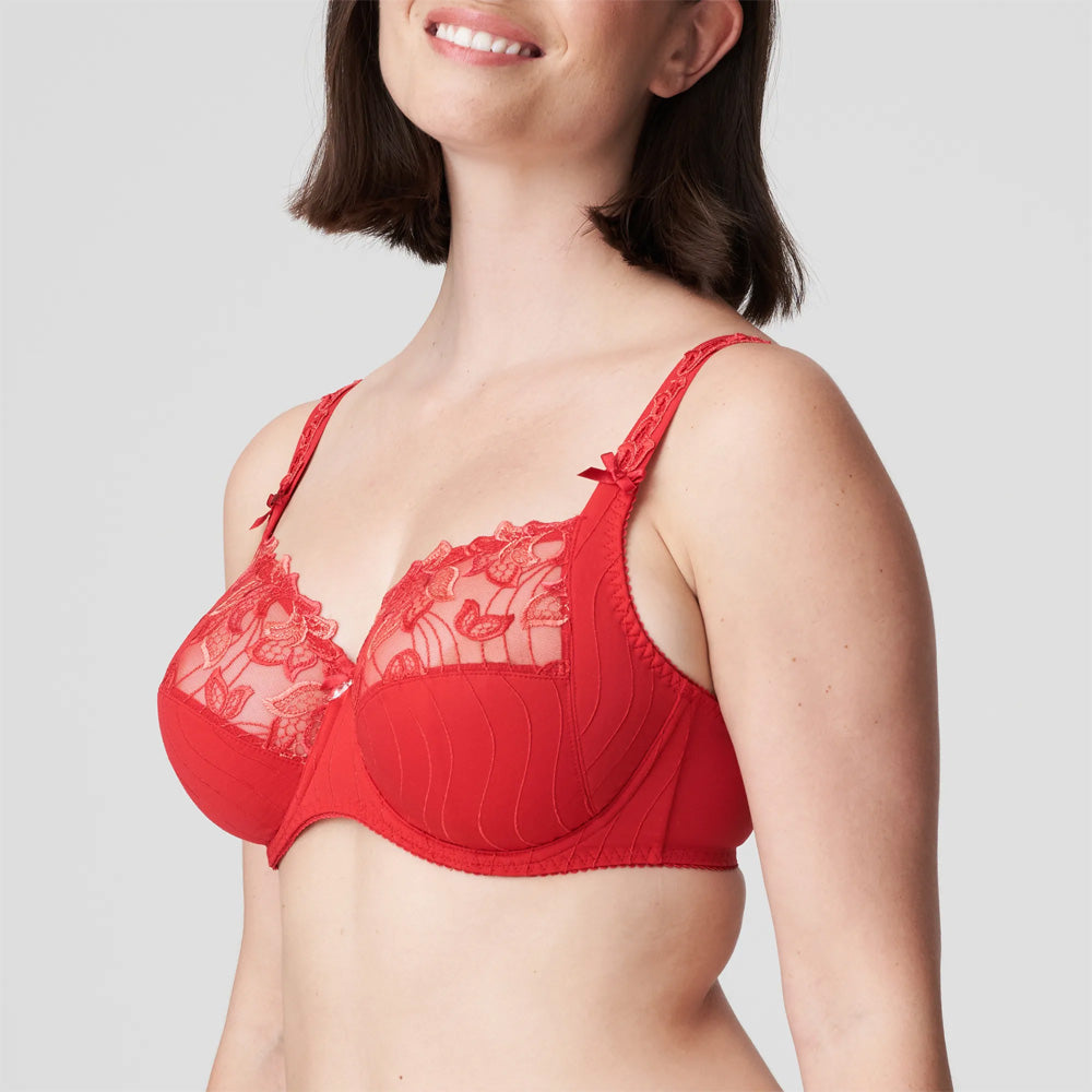 Model wearing scarlet 'Deauville' bra by PrimaDonna.