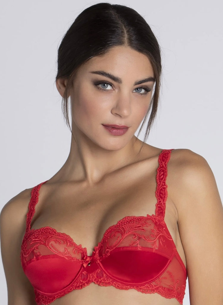 Red bra (Splendeur Soie by Lise Charmel) modelled by beautiful woman with alluring, cat-like eyes.