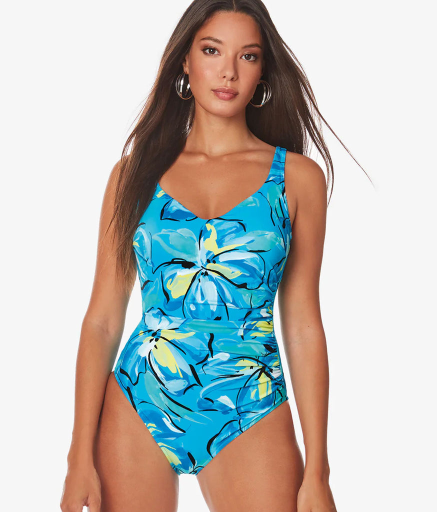 Model wearing floral swimsuit by Roidal.