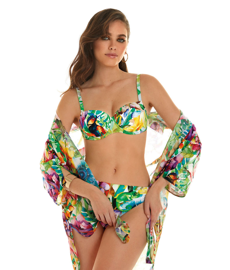 Model wearing 'Jungle' beachwear and swimwear, by Roidal.