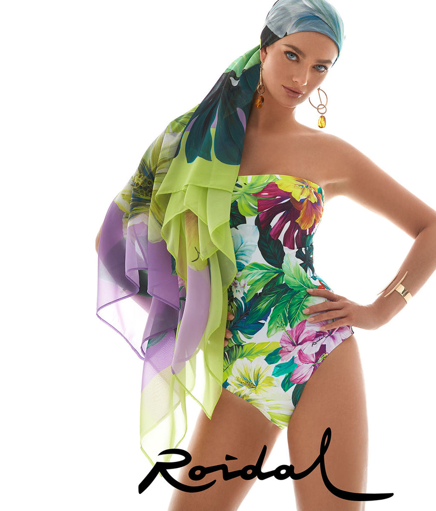 Model wearing 'Tropic' Swimsuit and Pareo, by Roidal.