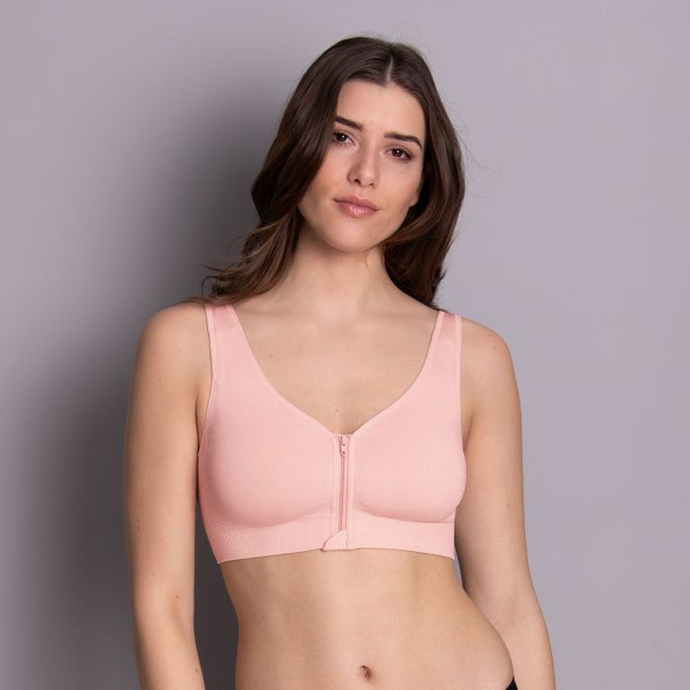 Model wearing 'Lynn' Pale Pink Post-Mastectomy Bra, by Anita (front view).
