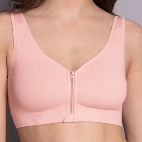 Model wearing 'Lynn' Pale Pink Post-Mastectomy Bra, by Anita (front view, close up).
