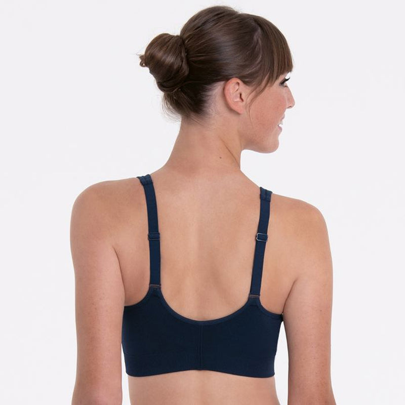 Model wearing 'Lynn' Dark Blue Post-Mastectomy Bra, by Anita (back view).