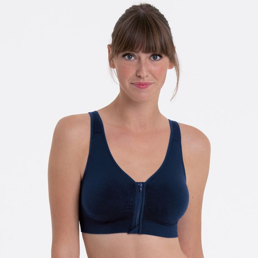 Model wearing 'Lynn' Dark Blue Post-Mastectomy Bra, by Anita (front view).