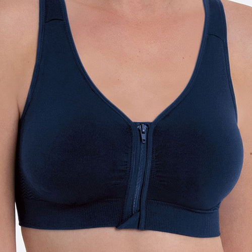 Model wearing 'Lynn' Dark Blue Post-Mastectomy Bra, by Anita (front view, close up).