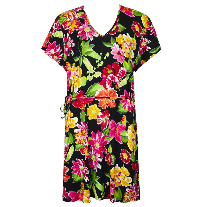 'La Feminissima' Beach Coverup in Rose Améthyste (Floral on Black), by Antigel (pack shot, front).
