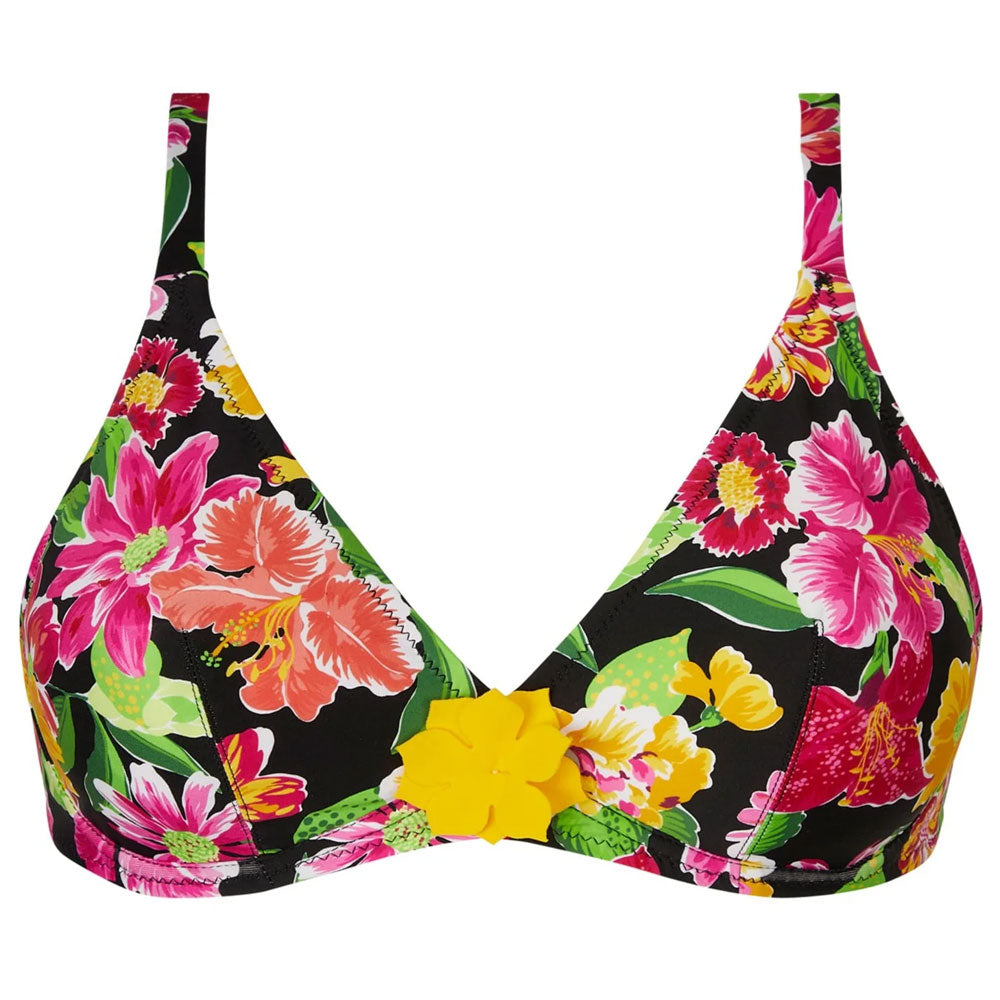 Pack shot (front) - Antigel 'La Feminissima' Halterneck Triangle Bikini Top in Rose Améthyste (Floral on Black)