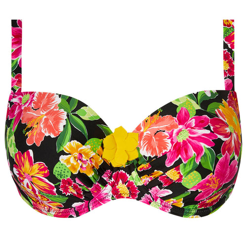 'La Feminissima' Plus-Size Padded Bikini Top in Rose Améthyste (Floral on Black), by Antigel (pack shot, front).