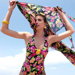 Antigel 'La Feminissima' Non-Wired Halterneck Swimsuit in Rose Améthyste (Floral on Black) Swimsuit Antigel   