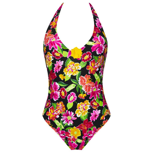 'La Feminissima' Non-Wired Halterneck Swimsuit in Rose Améthyste (Floral on Black), by Antigel (pack shot, front).