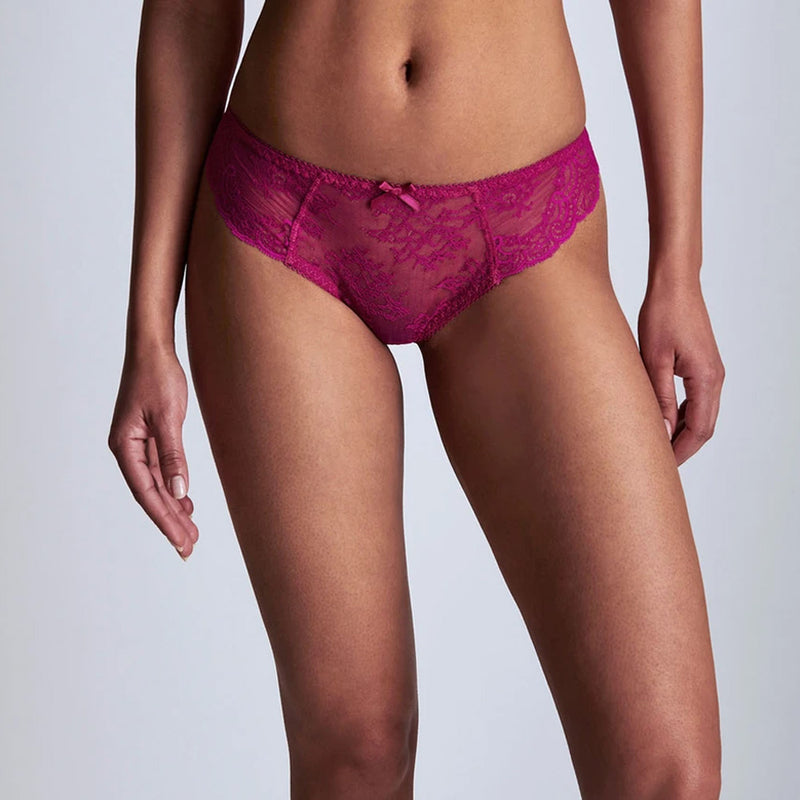 Model wearing 'Danse des Sens' Italian Brief in dark fuchsia, by Aubade.
