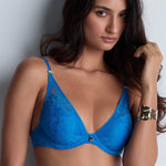 Model wearing 'Love Soul' Blue Push-Up Bra, by Aubade (front view).