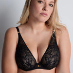 Model wearing 'Love Soul' Black Plunge Triangle Bra, by Aubade (front view).