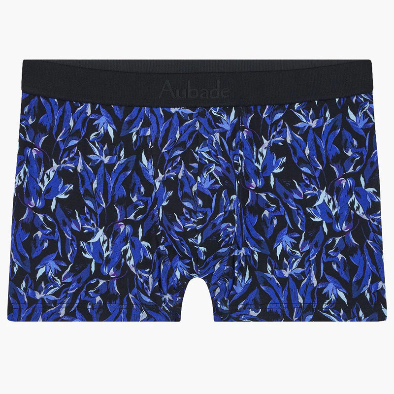 .'Fleur Bleue' Blue Boxer Short, by Aubade (pack shot, front view).