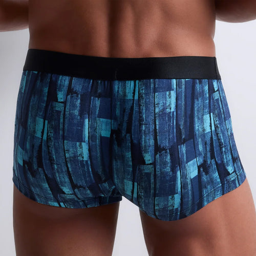 Model wearing 'Denim Art' Blue Boxer Short, by Aubade (back view, close up).