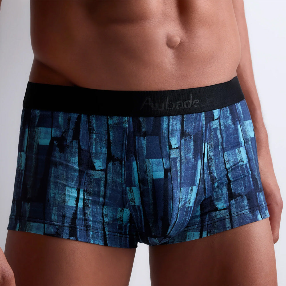 Model wearing 'Denim Art' Blue Boxer Short, by Aubade (front view, close up).