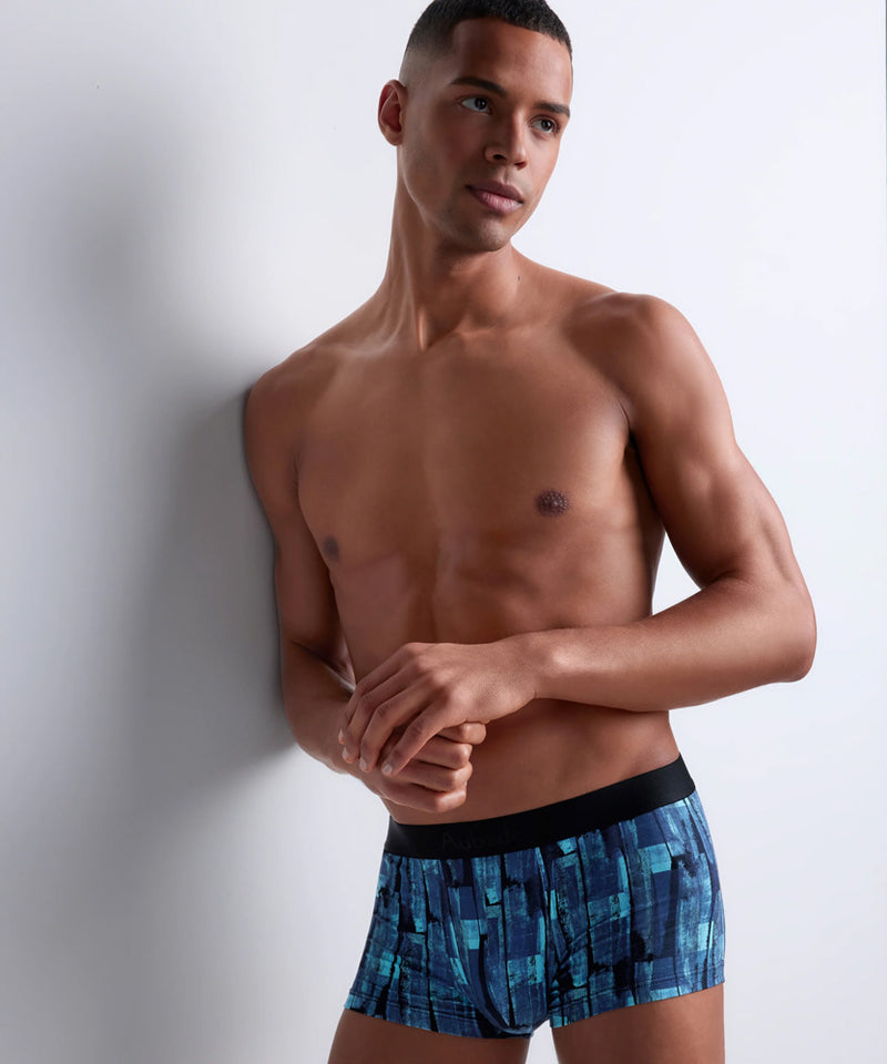 Model wearing 'Denim Art' Blue Boxer Short, by Aubade (front view).