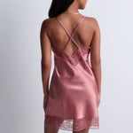 Model wearing 'Midnight Whisper' Warm Pink Silk Nightie, by Aubade (back view).