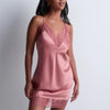 Model wearing 'Midnight Whisper' Warm Pink Silk Nightie, by Aubade (front view).