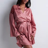 Model wearing 'Midnight Whisper' Warm Pink Silk Kimono, by Aubade (front view).