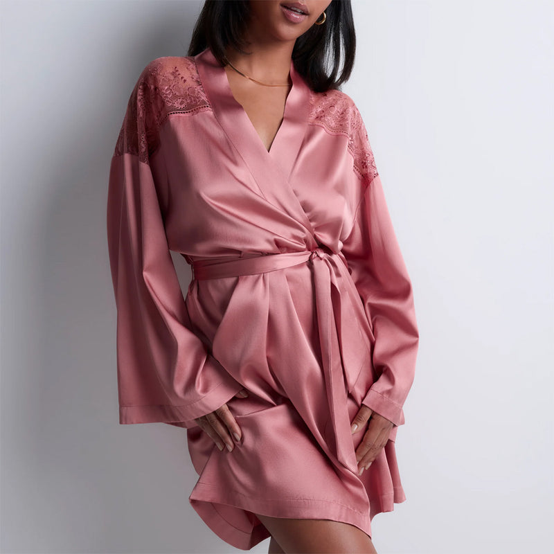 Model wearing 'Midnight Whisper' Warm Pink Silk Kimono, by Aubade (front view).