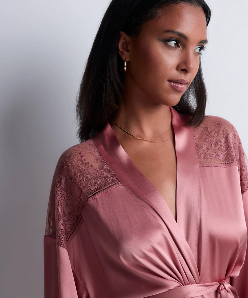 Model wearing 'Midnight Whisper' Warm Pink Silk Kimono, by Aubade (front view, close up).
