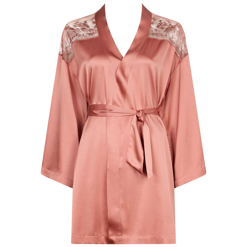 'Midnight Whisper' Warm Pink Silk Kimono, by Aubade (front view, pack shot).