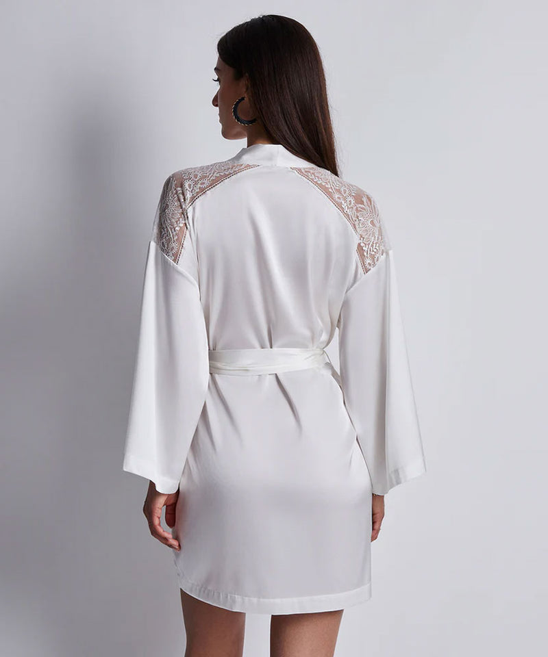 Model wearing 'Midnight Whisper' Opale (Ivory) Silk Kimono, by Aubade (back view).