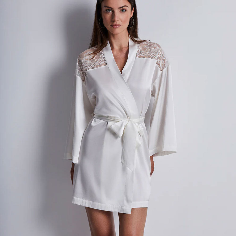 Model wearing 'Midnight Whisper' Opale (Ivory) Silk Kimono, by Aubade.