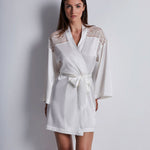 Model wearing 'Midnight Whisper' Opale (Ivory) Silk Kimono, by Aubade.