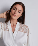 Model wearing 'Midnight Whisper' Opale (Ivory) Silk Kimono, by Aubade (front view, close-up).