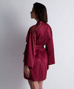 Model wearing 'Midnight Whisper' Crimson Silk Kimono, by Aubade (back view).